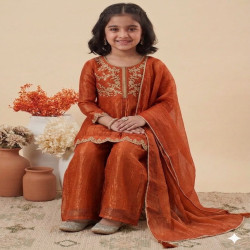 Girls Embroidered Crunch Silk Top Palazzo Set with Dupatta